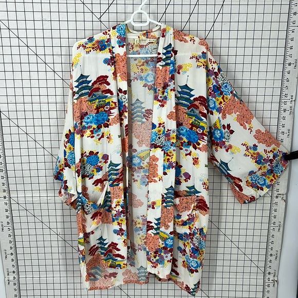 Cathay vintage made in Hong Kong floral Asian print open front kimono robe - Picture 1 of 10